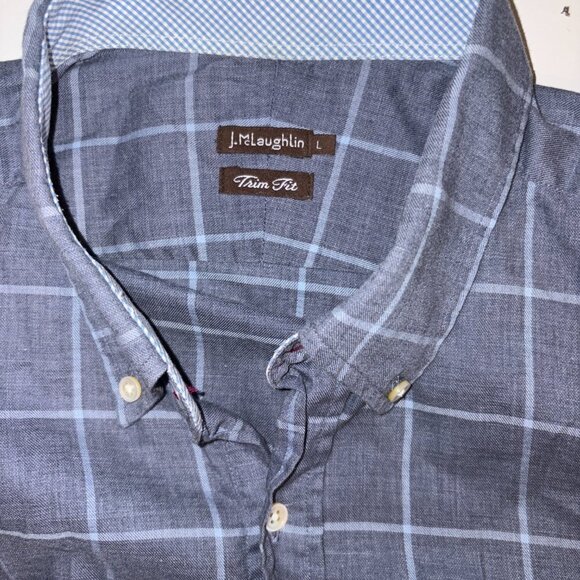 J. McLaughlin Men's Plaid Trim Fit Linen Blend Button Shirt Large Blue White - Picture 4 of 10